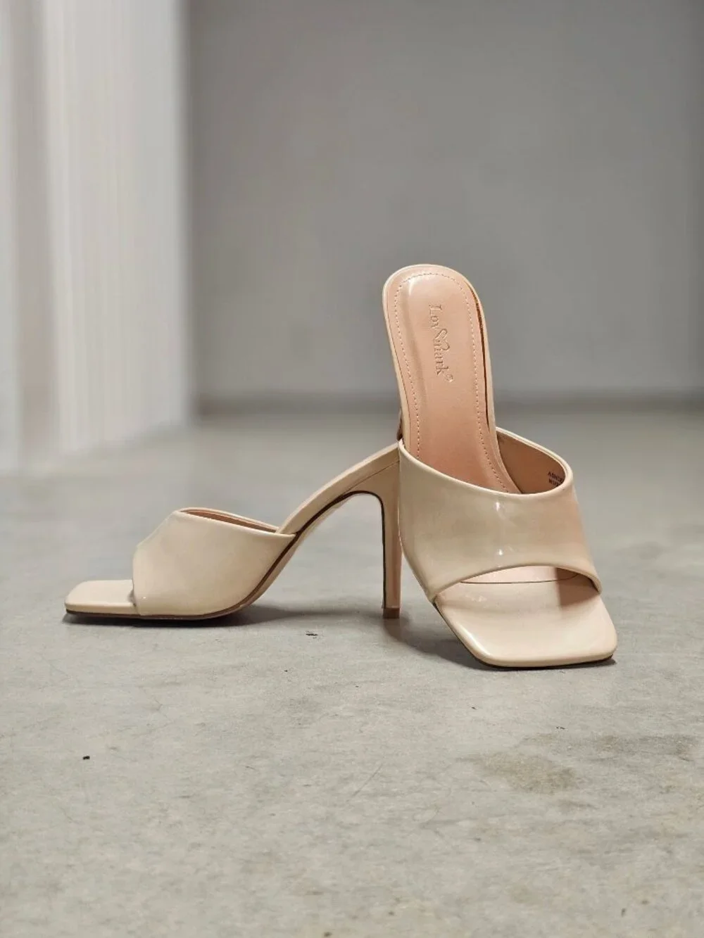 Nude Open-Toe Patent Leather High Heel Mules With Square Toe Design For Women